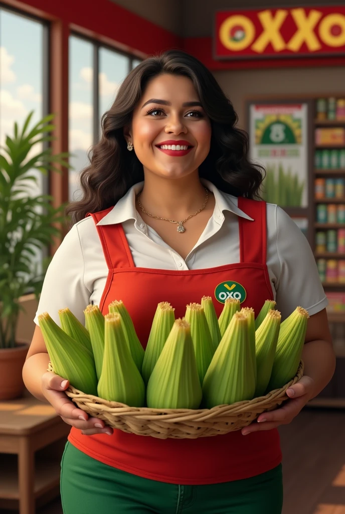 Curvy woman in a Oxxo store uniform presenting tamales wrapped in corn husks with a smile
