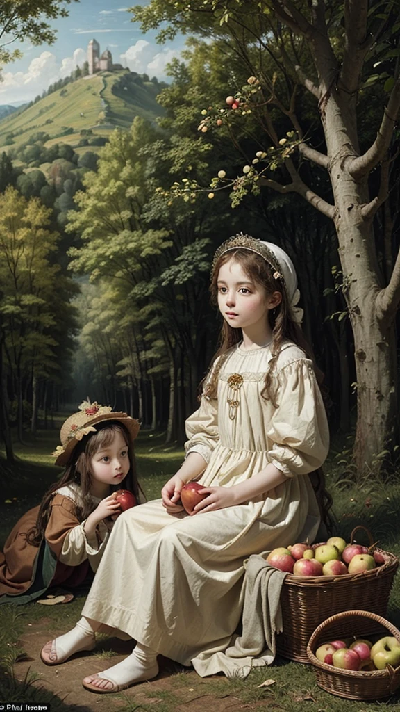 Create a Renaissance-style painting depicting two children with sheep heads, Dressed in angelic attire, Picking apples in a forest. The children should be surrounded by a lush natural setting, With trees and foliage typical of the time. The painting should reflect the soft light and serene atmosphere characteristic of Renaissance art, With a focus on realistic details and rich colors.