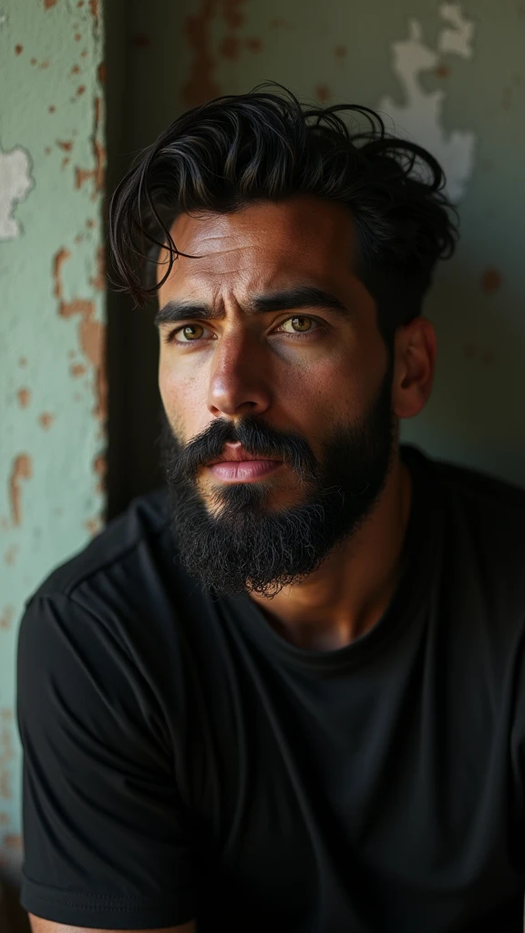 work of art, photorrealistic:1.4, extremely complex:1.3, radiosity, photon mapping, dtx, 8k), ((((leaning on the wall , closeup, black jersey, dark beard and hair humid, humid, [skin-detail:freckles:0.7], naturals, Supermodel, naughty man, age 26), dirty bathroom, ((dirty and abandoned walls))
