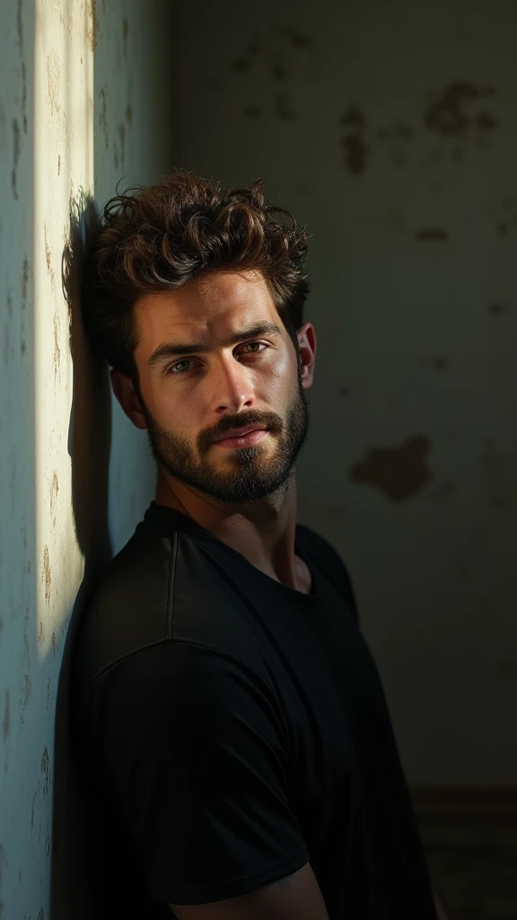 work of art, photorrealistic:1.4, extremely complex:1.3, radiosity, photon mapping, dtx, 8k), ((((leaning on the wall , closeup, black jersey, dark beard and hair humid, humid, [skin-detail:freckles:0.7], naturals, Supermodel, naughty man, age 26), dirty bathroom, ((dirty and abandoned walls))
