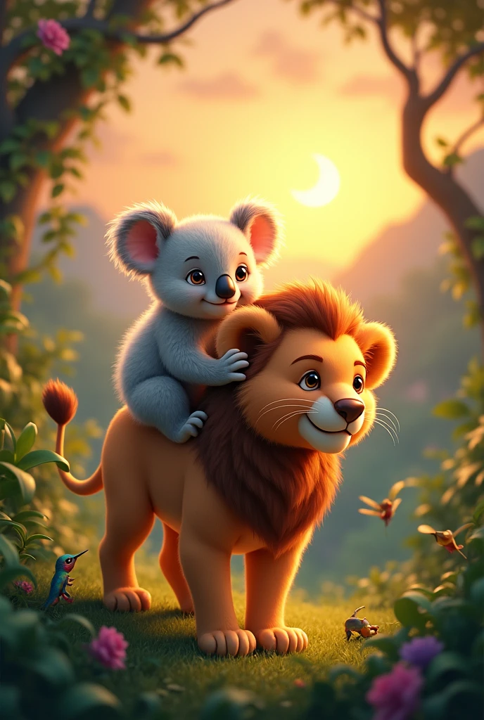 Create an image with a baby koala on the back of a baby lion in the foreground. behind there is a jungle with vines and chameleons and hummingbirds. in the sky i want a sunset and the moon on the other side