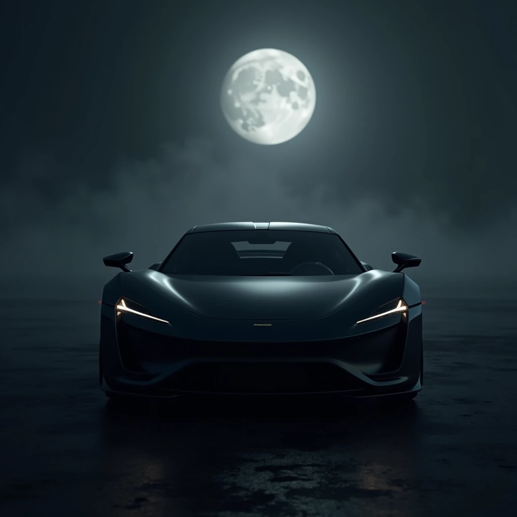 Une voiture de luxe noire mate, illuminé par la lune. La photo est hyper réaliste