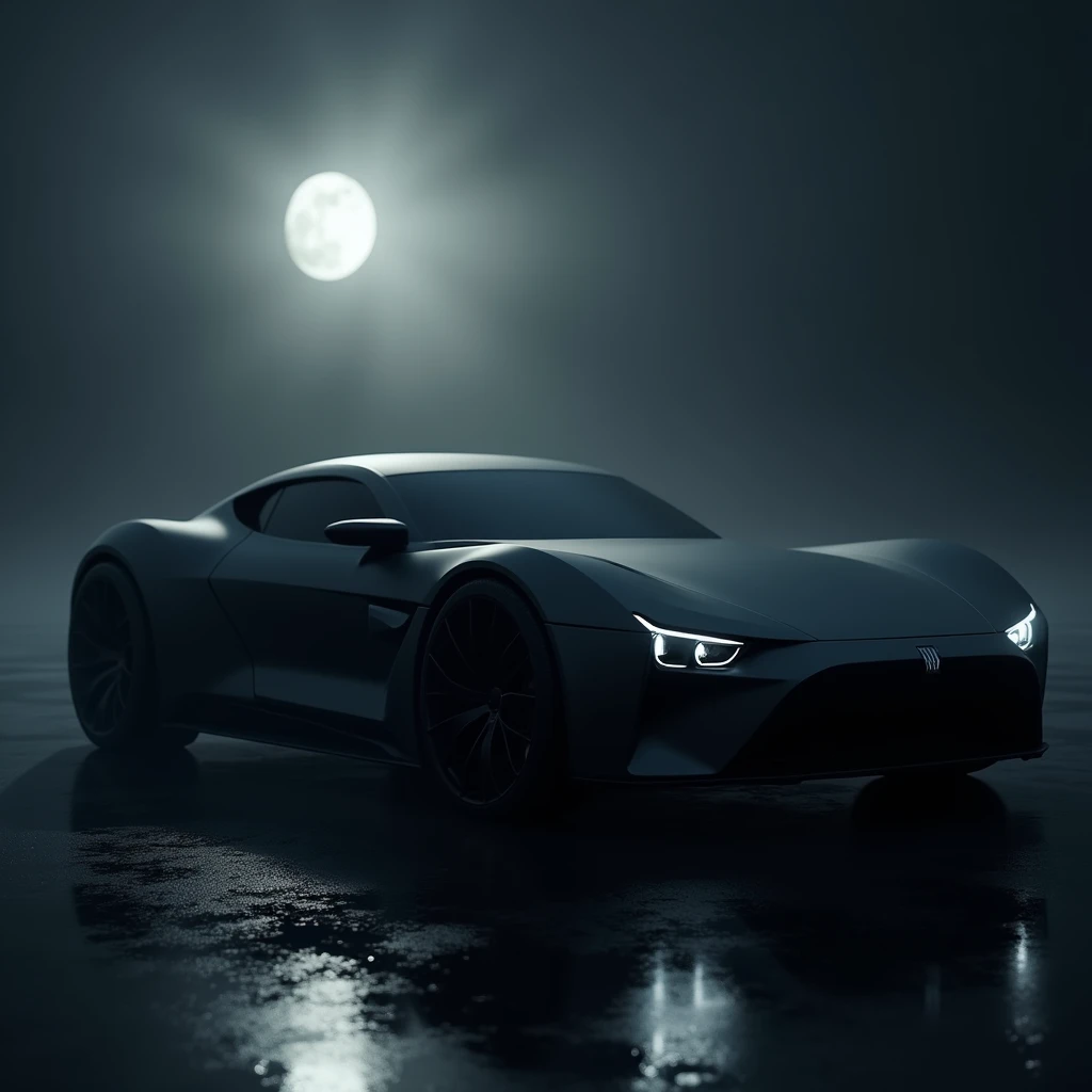 Une voiture de luxe noire mate, illuminé par la lune. La photo est hyper réaliste 