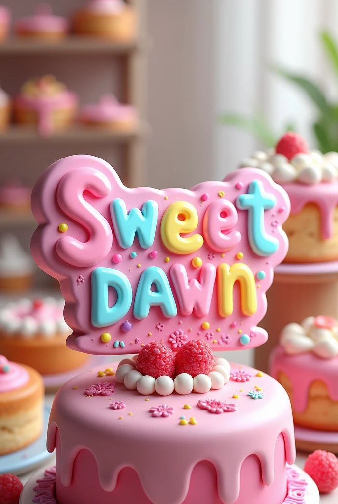 Bright letters for personal branding that say "Sweet Dawn, Pastries and Pastries" a design with striking pastel pink, sky blue, yellow, lilac colors with a cake and pastries in the background