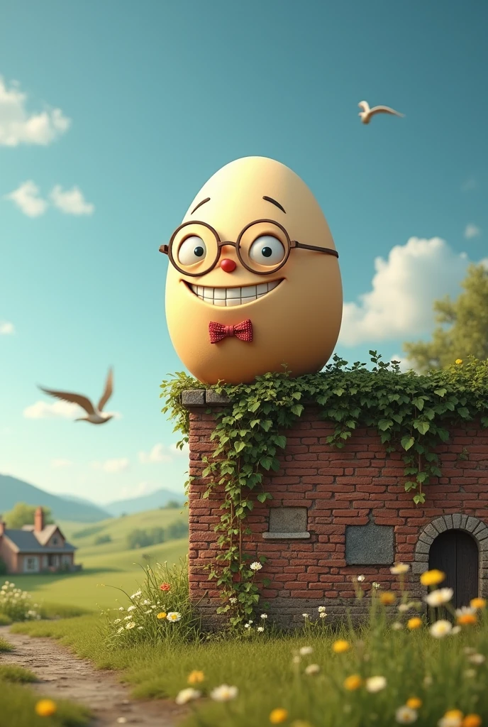 Humpty Dumpty, a large, round egg with a cheerful smile, sits on top of a tall brick wall. The wall is old and slightly uneven, with ivy creeping up its sides. Humpty wears a pair of small, round spectacles and a bowtie, adding to his friendly appearance. Below the wall, there’s a beautiful landscape of rolling green fields dotted with colorful wildflowers. In the distance, you can see a few small houses with smoke gently rising from their chimneys. The sky is a clear, bright blue, with the sun shining warmly and a few white, fluffy clouds drifting by. Birds are soaring high in the sky, chirping happily. Humpty Dumpty is enjoying the view, completely relaxed, and unaware of the danger of sitting so high up.P