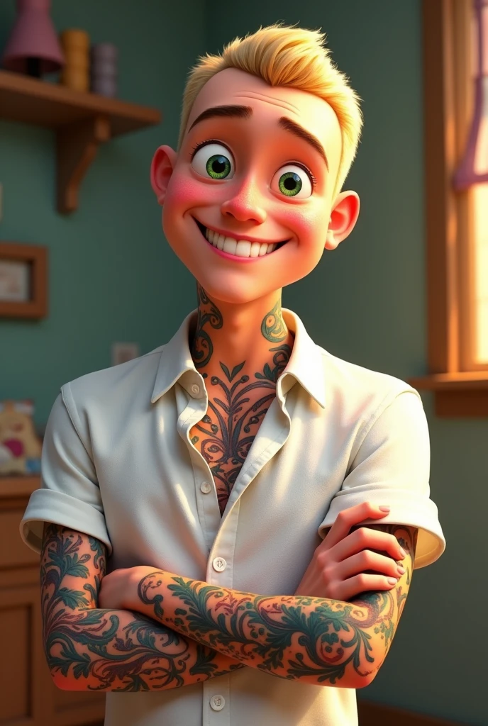 Pixar-style: Young white man, with blond bald hair, greeneyes, white blouse and arms full of colorful tattoos smiling