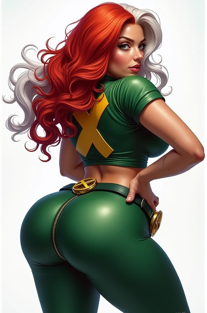 Rogue from Marvel's x-men wearing 1990s outfit with a big butt, thick hips and thighs, a flat stomach and 90s era x-men red curly hair with white hair on top, hair is two colors, wearing X-men belt buckle, highest quality, realistic art, (hair is white on top of head red on the sides, make hair as is specified in prompt), unzipped front to show cleavage, semi realistic, design character as specified in prompt, portrait sized image, photographed from behind