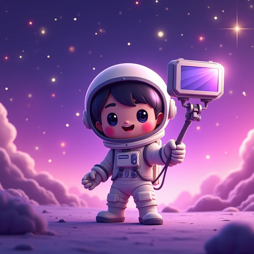 little human Travel vloggers Avatar holding selfie stick astronaut is shownn capturing travel videos with a purple gradient galaxy background.
