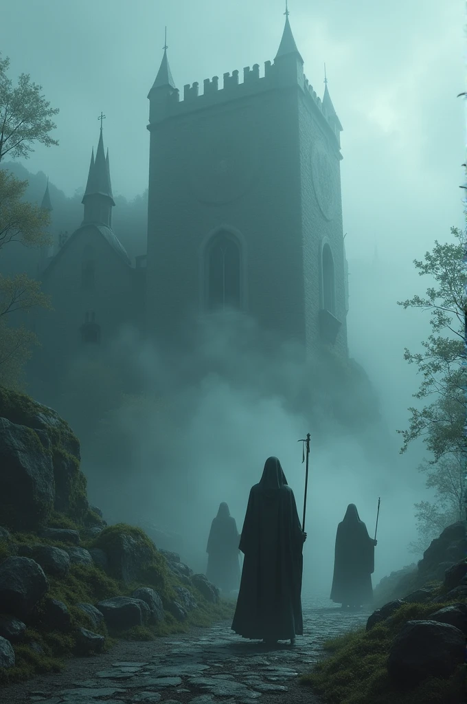 A medieval kingdom shrouded in a heavy mist, with mages and witches wandering everywhere and a deep, dark castle.