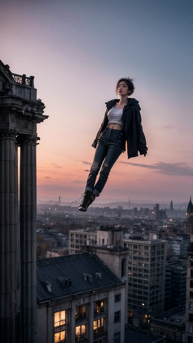 21yo girl with short dark hair and a tattered grey cloak, black pants. she hovering in the air, on top of a building in a gothic fantasy city. the sky has a red glow and ash is falling.