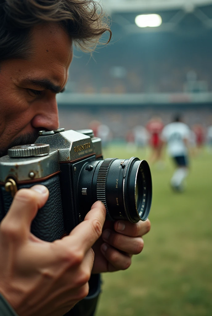 An old camera in close-up, with a photographer trying to capture the action while the game happens in the background. Add a sense of urgency and frustration.Realista,cinematic,8k