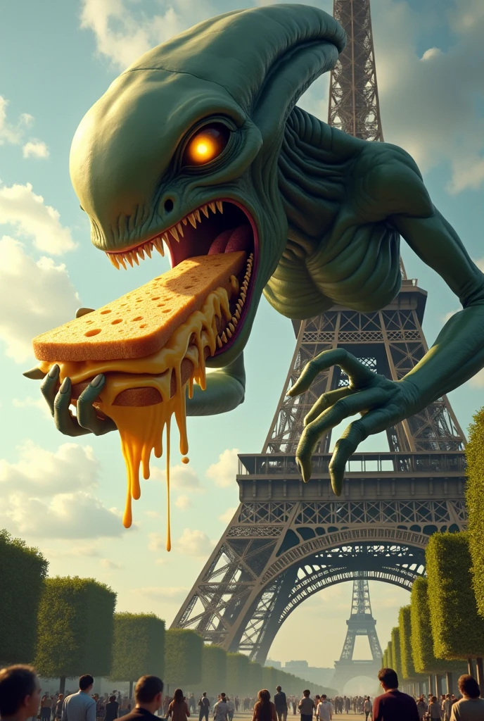 Un alien qui attaque la tour effel en mangeant un sandwich 4 fromages
