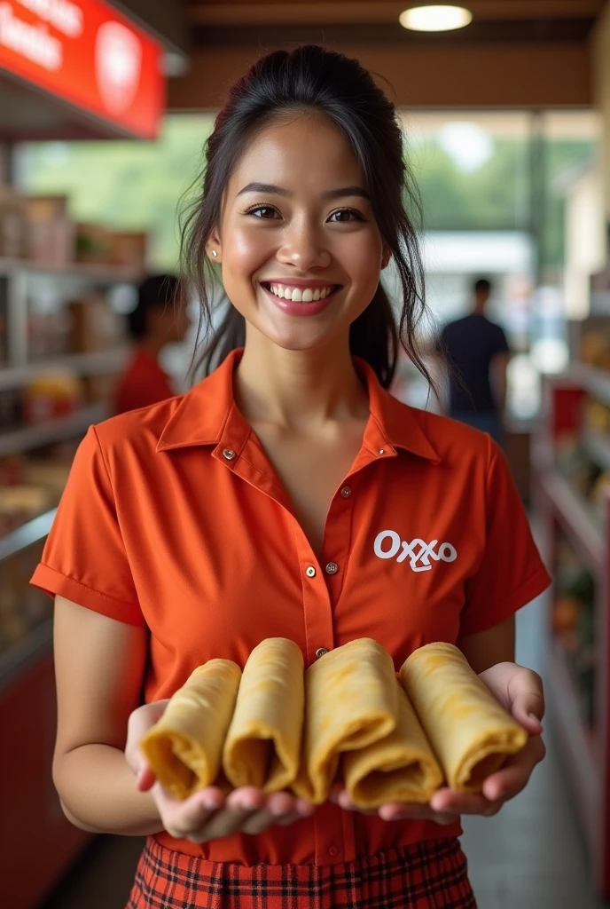 A woman with a low-cut neckline wearing an Oxxo store uniform, presenting tamales wrapped in corn husk with a smile.