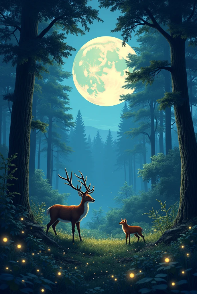A forest bathed in moonlight, illuminated by fireflies, teeming with wildlife.