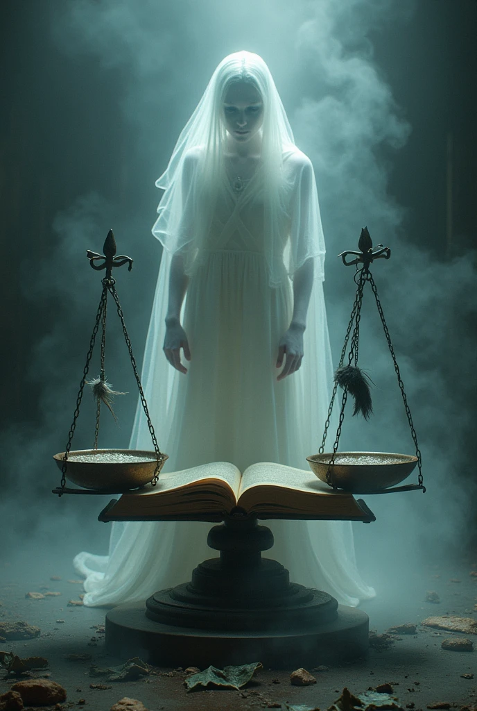 A scale with a spectral person on one side and an old book on the other. 