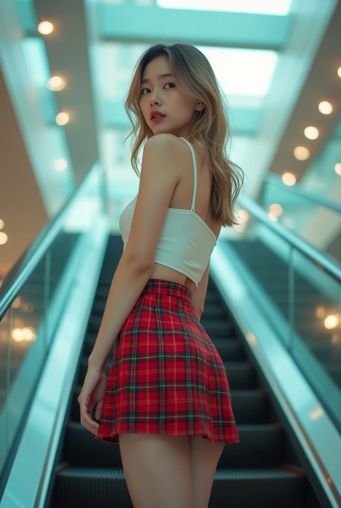 8K, masterpiece, ultra sharp focus, intricate detailed, an extremelly beautiful japanese young girl, blond medium wavy hair, slender body, long legs, light smile to the viewer, she's standing back view on escalator that going up in the mall, ((taken from below her)). She's wearing white crop top camisole and red tartan micro skirt, cinematic color tone, back view, looking over shoulder, cool lighting, soft bright front studio lighting, pale skin, (((upskirt)))