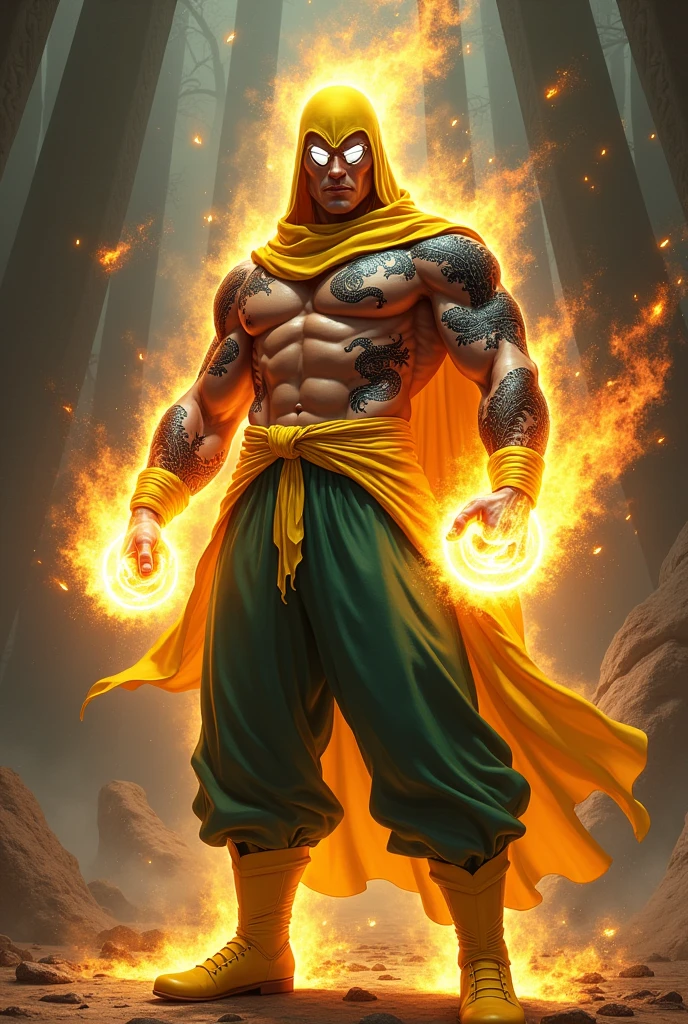 1man, shirtless, martial arts, yellow cloth covering upper face, white eye patterns with black outline, muscular, green costume, yellow belt and boots, burning fists, black dragon tatto shapes into a circle, dragon aura, mystical