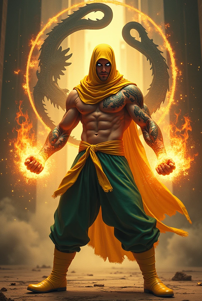 1man, shirtless, martial arts, yellow cloth covering upper face, white eye patterns with black outline, muscular, green costume, yellow belt and boots, burning fists, black dragon tatto shapes into a circle, dragon aura, mystical