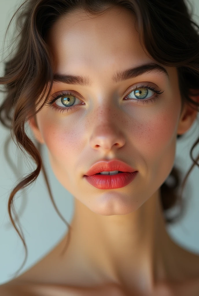 A young woman with the most beautiful face ever conceived, bright complexion with a hint of blush on her cheeks, light eyes, red and sensual lips.