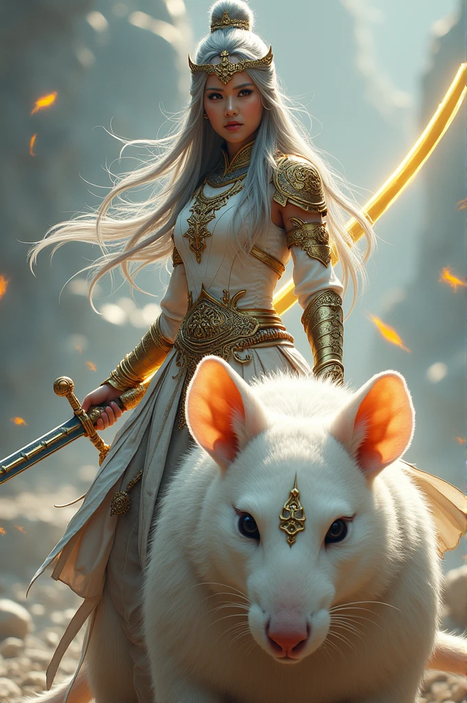A Thai female warrior with long gray hair, wearing white and gold armor, holding a short sword with golden light, riding a large white rat.
