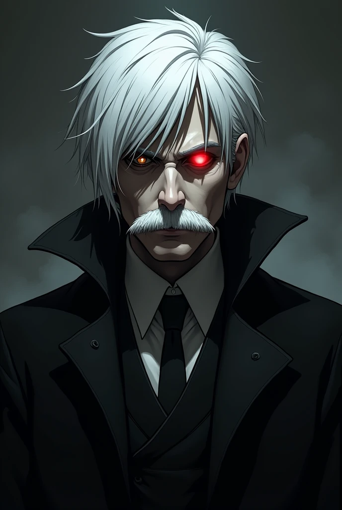 Character with white hair combed to the sides and a little big, red left eye, right eye brown, a mustache, black overcoat. He appears to be 30 years old and is inspired by Jack the Ripper from Shuumatsu no Valkyrie.