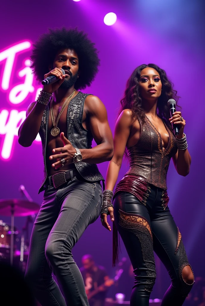 Afro Man and woman in rockstar outfits singing on stage with the word Tj Purple boldly written on the Background.