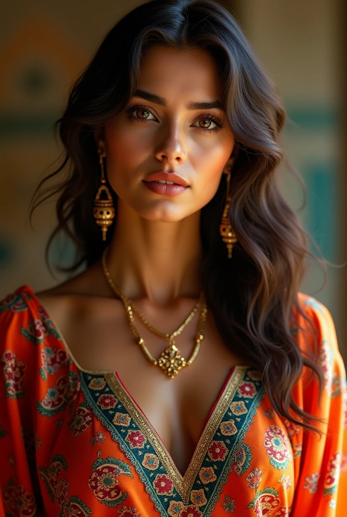 A beautiful Moroccan girl, brown dark eyes, 26 years old, olhos amendoados, oval face shape, Wavy hair, 170cm, 65kg, high-detailed face, Detailed texture skin, elegant poses, colorful moroccan dress, gold jewelry, natural lighting, dramatic shadows, Warm Color Palette, portraite, realisitic, photorealisitic, 8k, work of art
