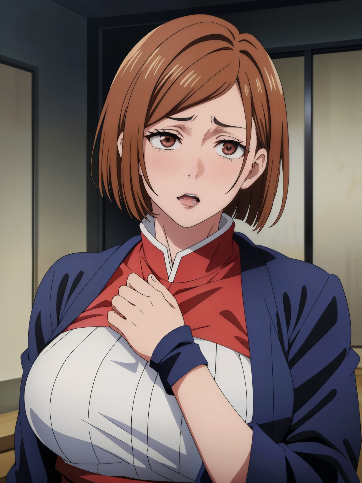 Jujutsu Kaisen,Nobara Kugisaki , woman,(Highest quality, 4K, 8k, High resolution, masterpiece:1.2), Very detailed, ((alone,)) （（Ahegao））,Drooling,Sticking out tongue、blush、get drunk、Big Breasts、Brown Hair, Brown eyes, short hair, Looking at the audience,（（Feel the ecstasy））
