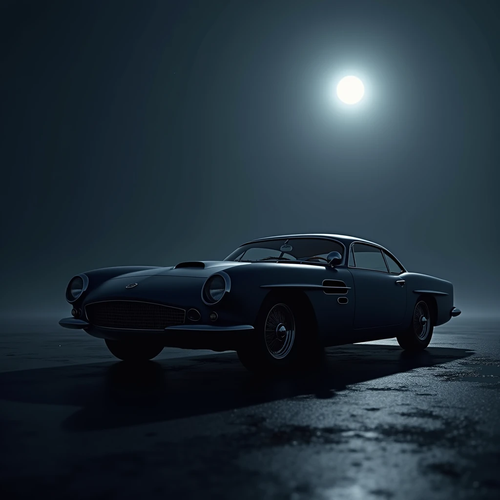 Une voiture de luxe noire mate, illuminé par la lune. La photo est hyper réaliste 