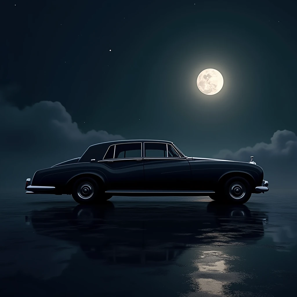 Une voiture de luxe noire mate, illuminé par la lune. La photo est hyper réaliste