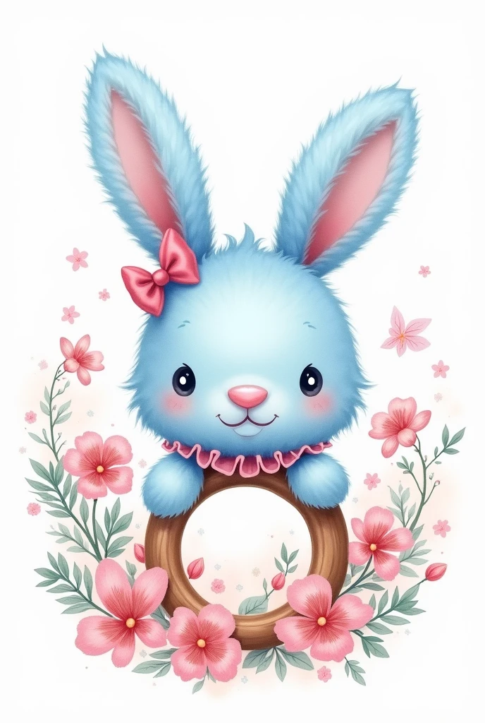 Generate a watercolor effect to blue colored bunny rattle amigurumi art work of bunny head attached to a wooden ring surrounded by magical flowers with pink raffle on neck and pink small bow on the right side of a ear. Add a magical touch to image