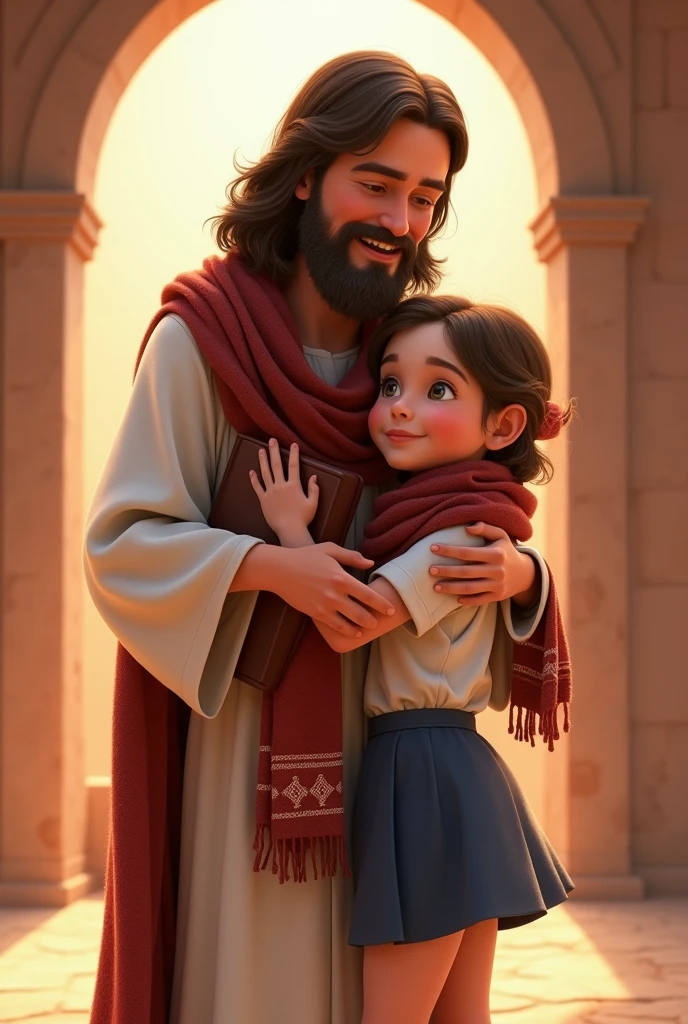 Pixar image of a child with adventurer's clothes: white short-sleeved social blouse, navy blue skirt and burgundy scarf with arganel, Child of: white dress blouse, navy blue pants and burgundy scarf with arganel hugging Jesus who is holding a bible 