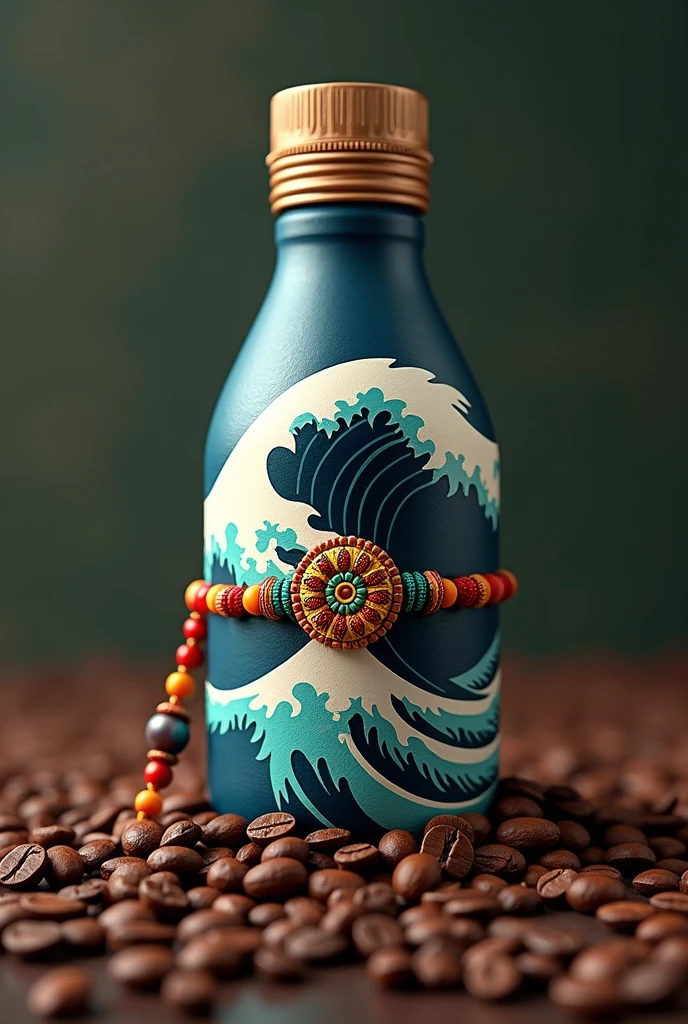 A coffee bottle named Tsunami with rakhi At cooffee beans
