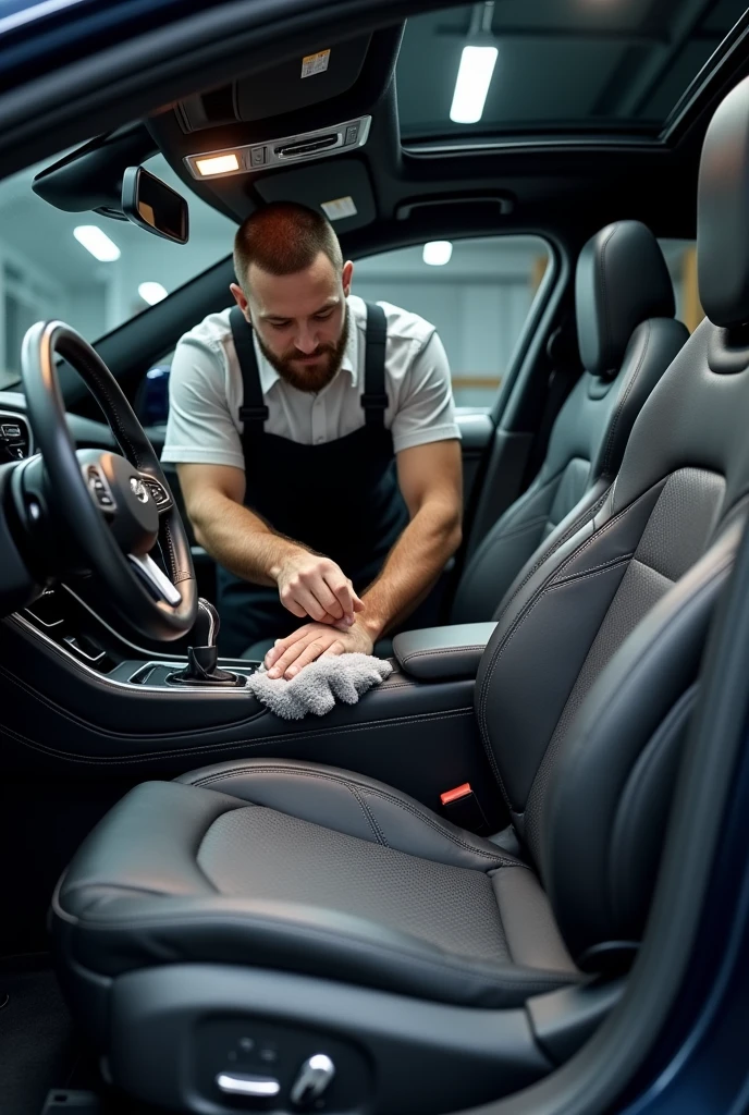 Interior Car Detailing in Progress:

An image of a professional car detailer carefully cleaning the interior of a high-end vehicle. Focus on the detailer working on the leather seats, with the car's interior looking pristine and luxurious. Include tools and products associated with high-quality car care, such as soft brushes and microfiber cloths.