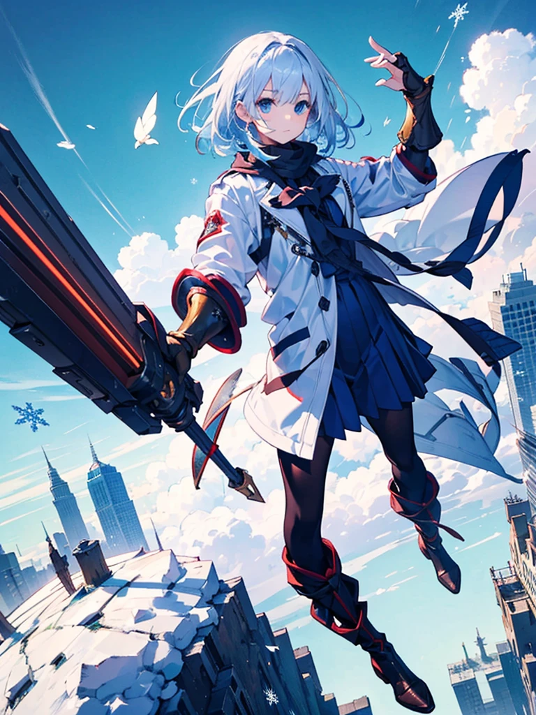 White jacket,Medium Hair, Blue and white hair,blue eyes,mechanized hand++, Unusually huge gauntlet++,　whole body、Snowflakes flutter、Empty City, A town above the clouds, Sky City