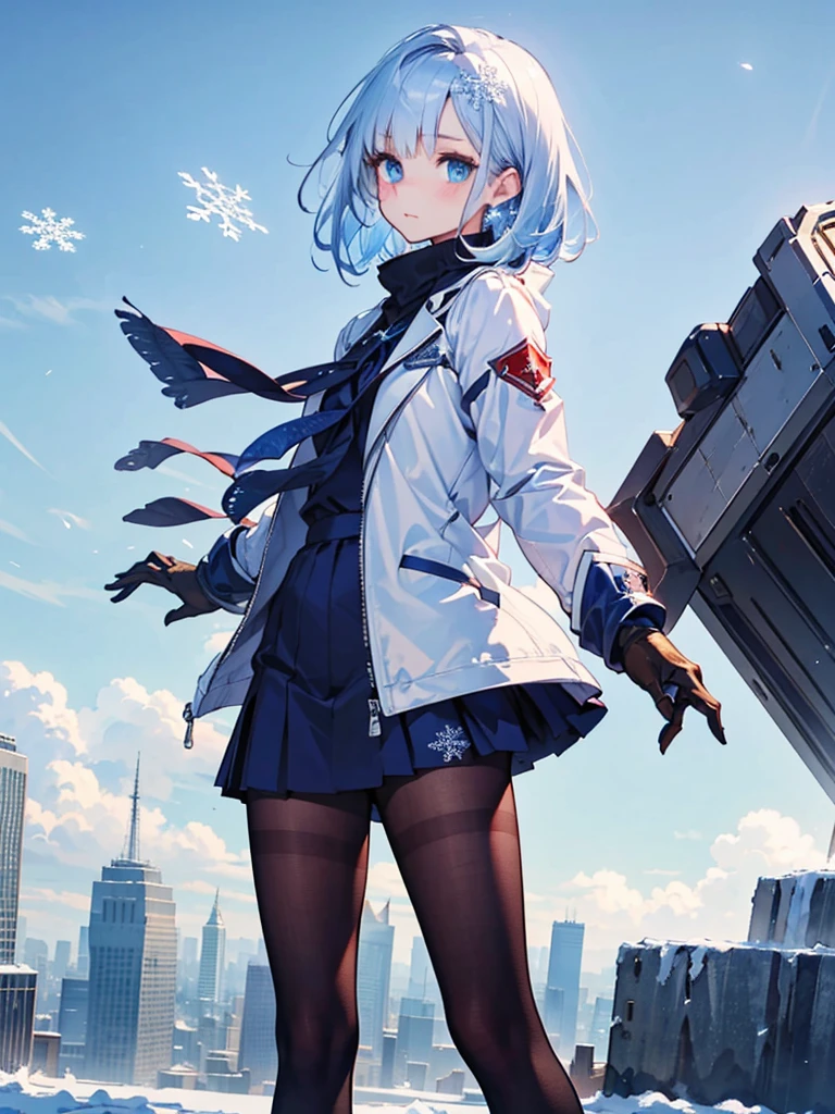 White jacket,Medium Hair, Blue and white hair,blue eyes,mechanized hand++, Unusually huge gauntlet++,　whole body、Snowflakes flutter、Empty City, A town above the clouds, Sky City