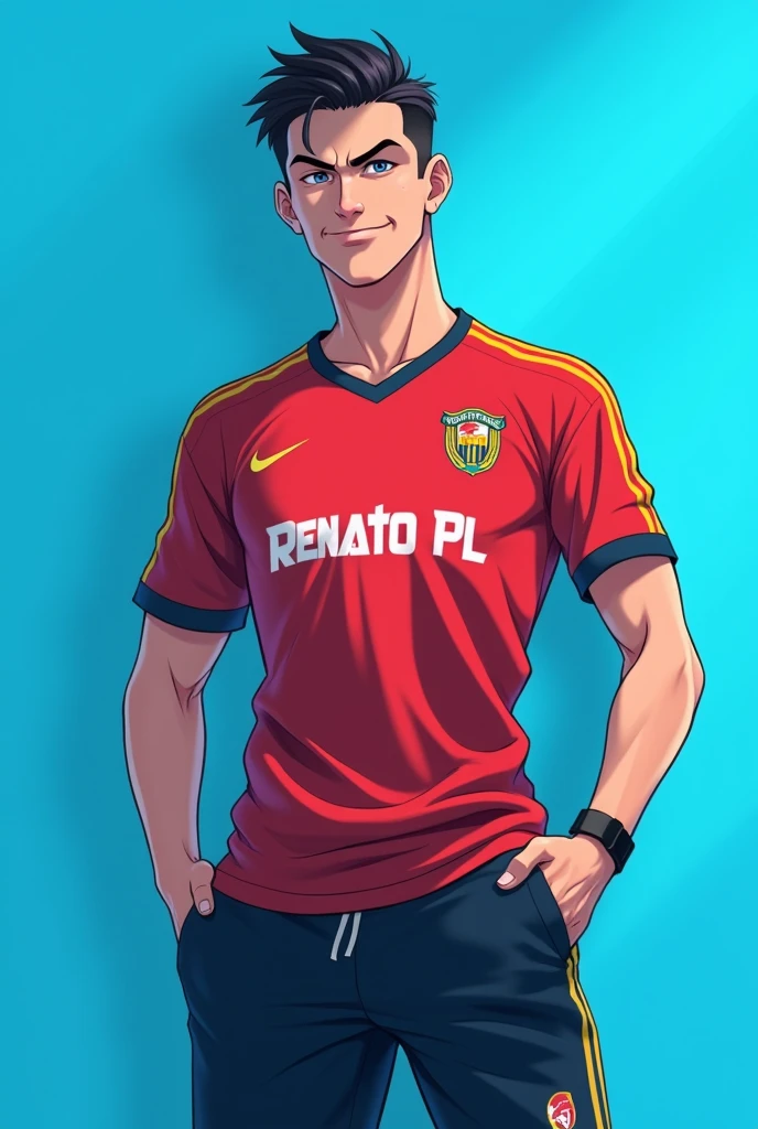 naughty man,smooth face like anime characters,Flamengo team shirt,black jogger pants,slickedback hair,Renato Pl written on the blouse,blue background.