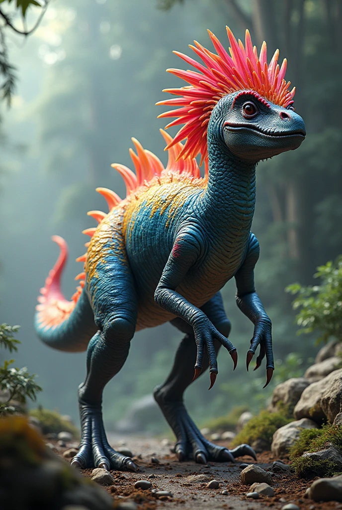 Fictional dinosaur that is between tender and threatening, colorful and poisonous depending on how colorful it is? that it be of land and large but not so tall, that it is a fearsome and horrifying predator, with some feathers on its body, with long but strong legs and sharp claws
