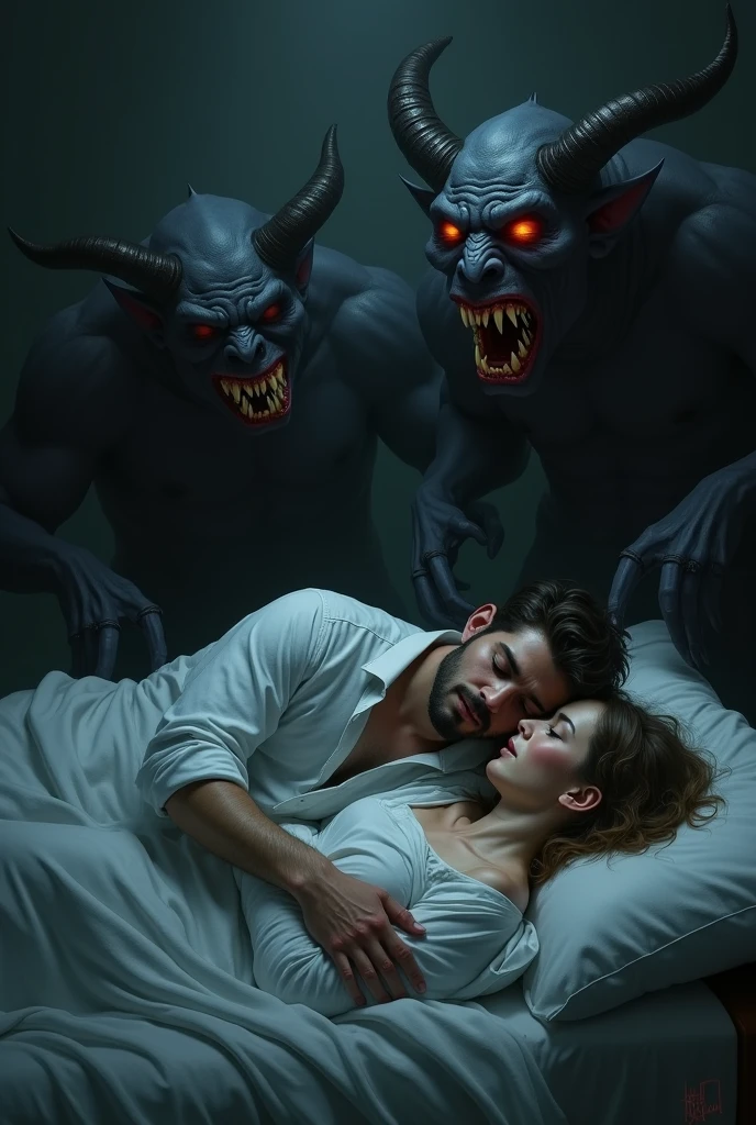 Woman and man sleeping and demon woman and man watching them
