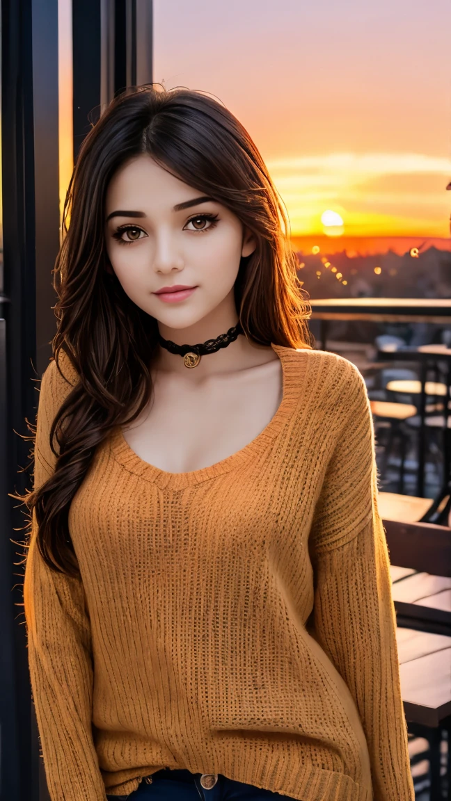 ung cute iranian girl, very slim, skinny, redhead, rouge, red neck lace choker, cateyes makeup, colorful, oversize knit jumper, softcore, warm lighting, cosy atmosphere, Instagram style, red theme, upper body shot,(cinematic, black and red:0.85), (sunset beautiful background:1.3), sharp, dim colors

