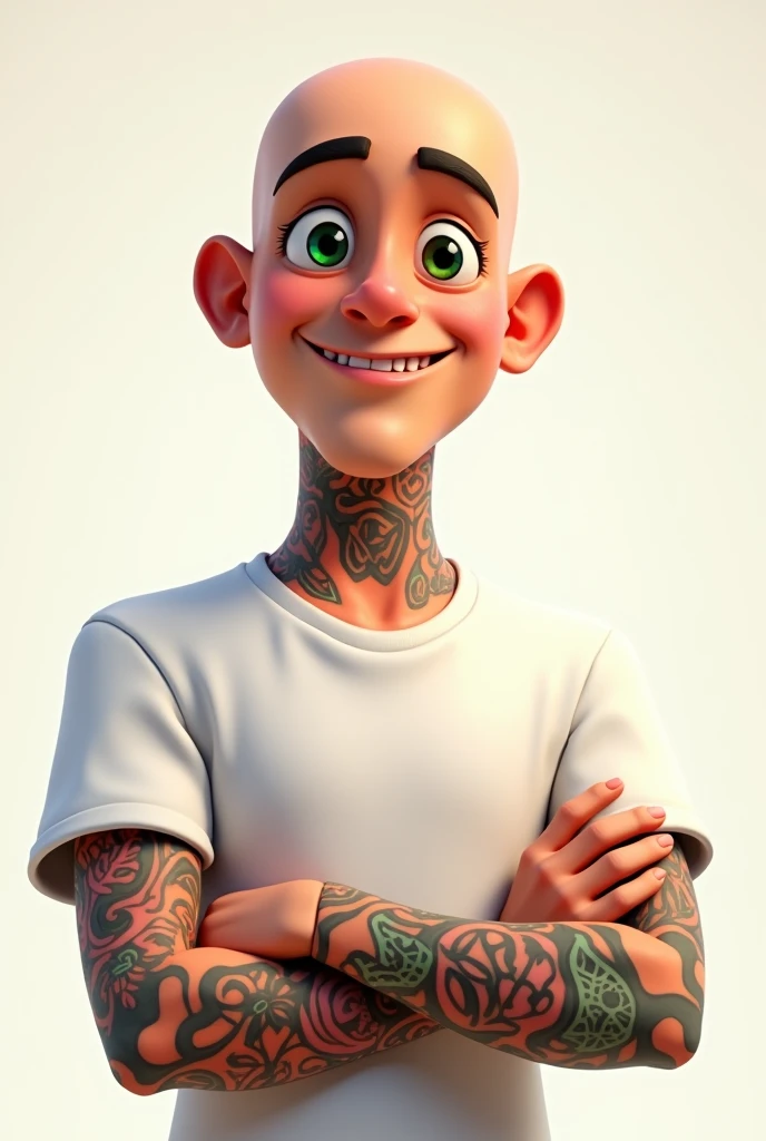 Pixar-style: Young white man, with a bald head, greeneyes, white t-shirt and arms full of colorful tattoos smiling