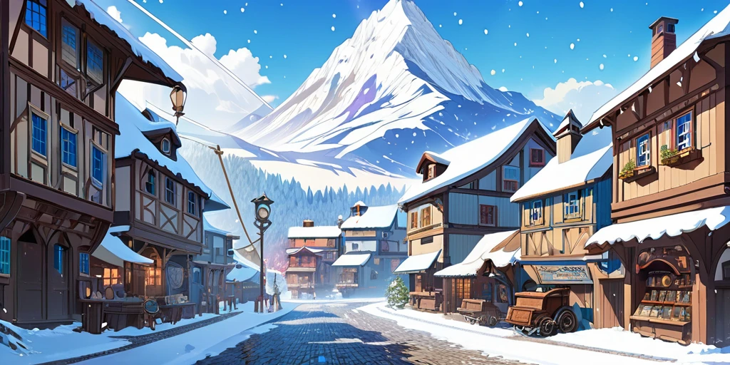 Dessinez une affiche d'anime lofi, village, mountain, Steampunk decoration, Cascade, Light, snowing, a beautiful color palette in white and blue, couleurs saturées vibrantes, ouvrages d'art, les jours, animated theme