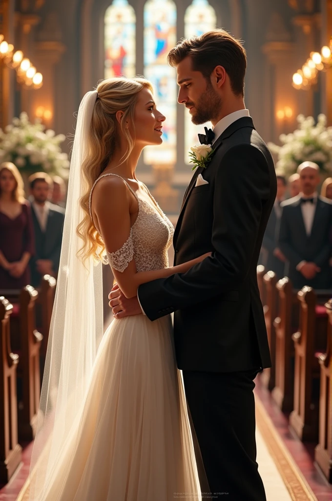 A tall, handsome man in a black wedding suit getting married to a blonde woman