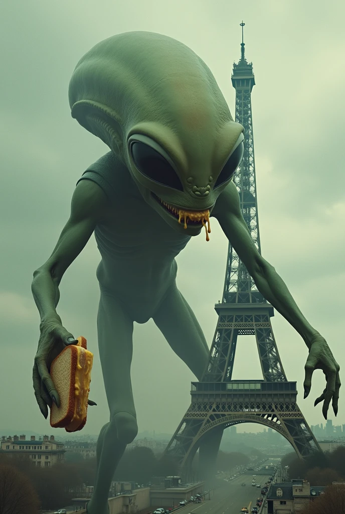 Un alien qui attaque la tour effel en mangeant un sandwich 4 fromages