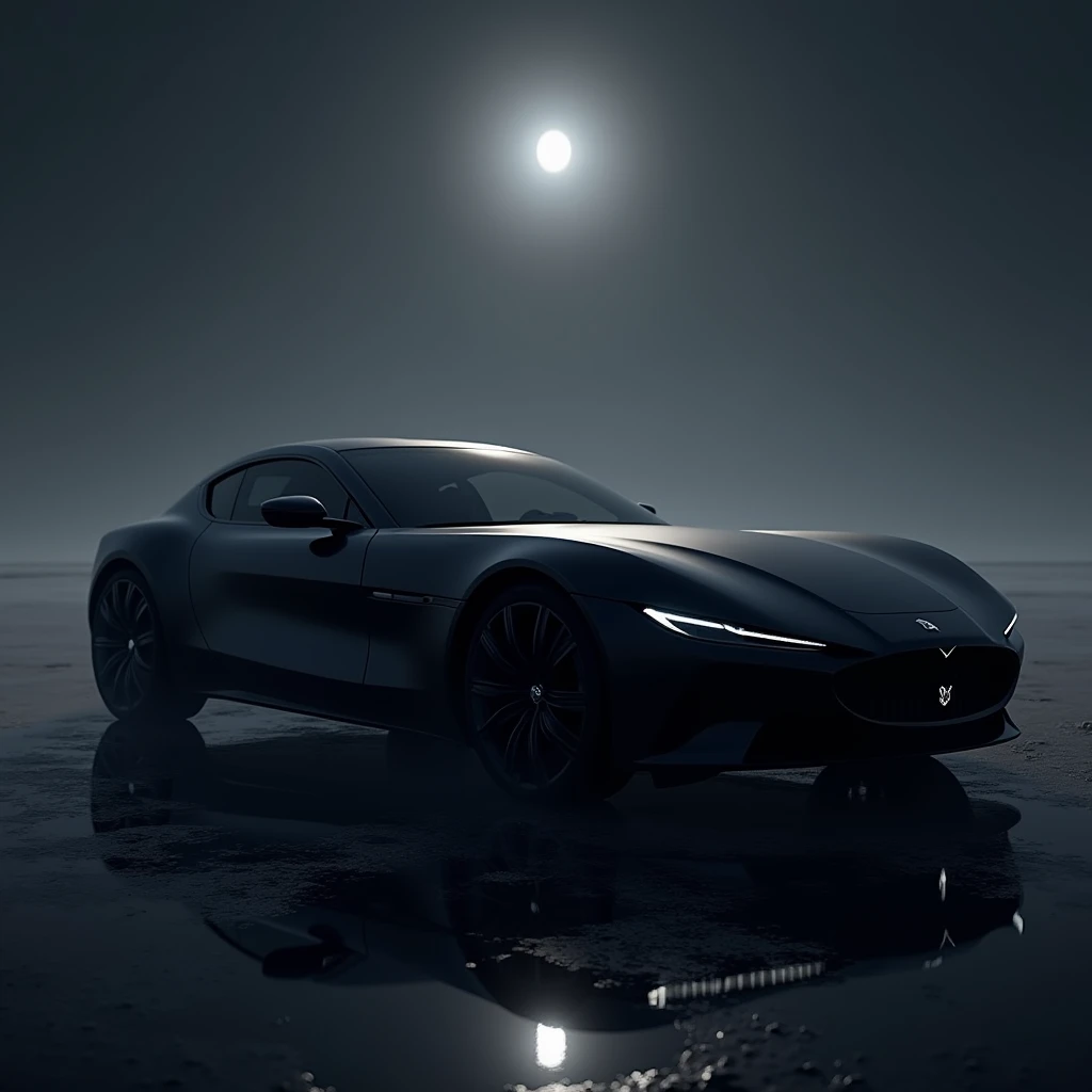 Une voiture de luxe noire mate, illuminé par la lune. La photo est hyper réaliste