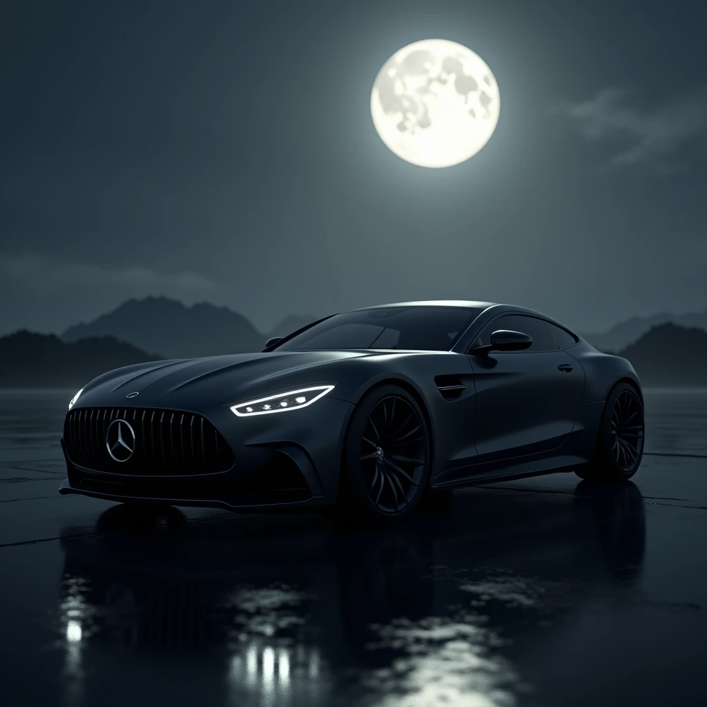 Une voiture de luxe noire mate, illuminé par la lune. La photo est hyper réaliste 