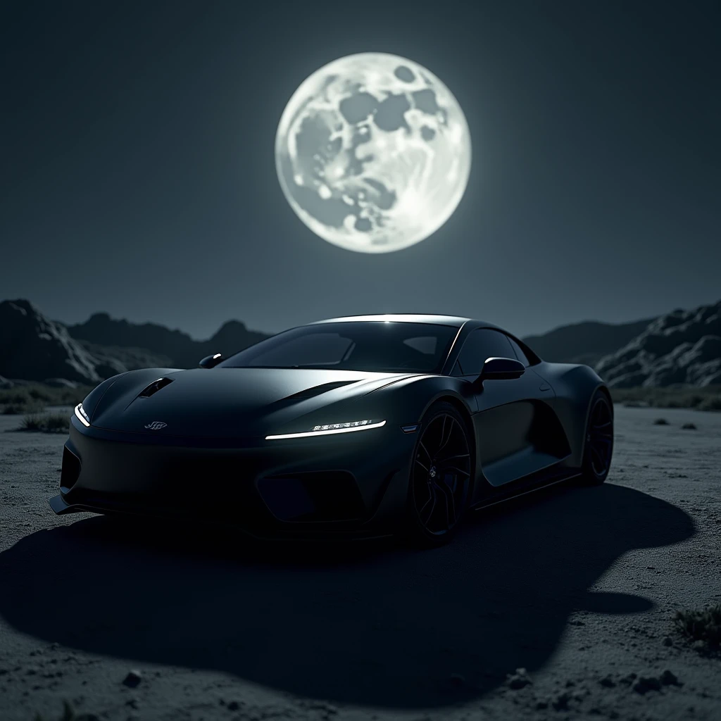 Une voiture de luxe noire mate, illuminé par la lune. La photo est hyper réaliste 