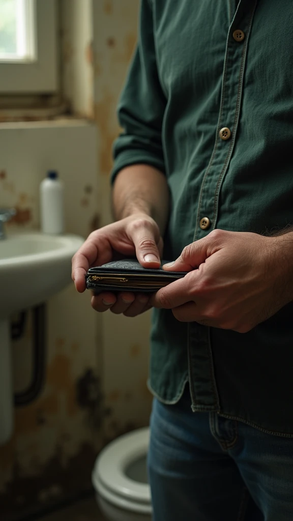 A man's hands holding a wallet, inside a dirty bathroom ( dirty walls)