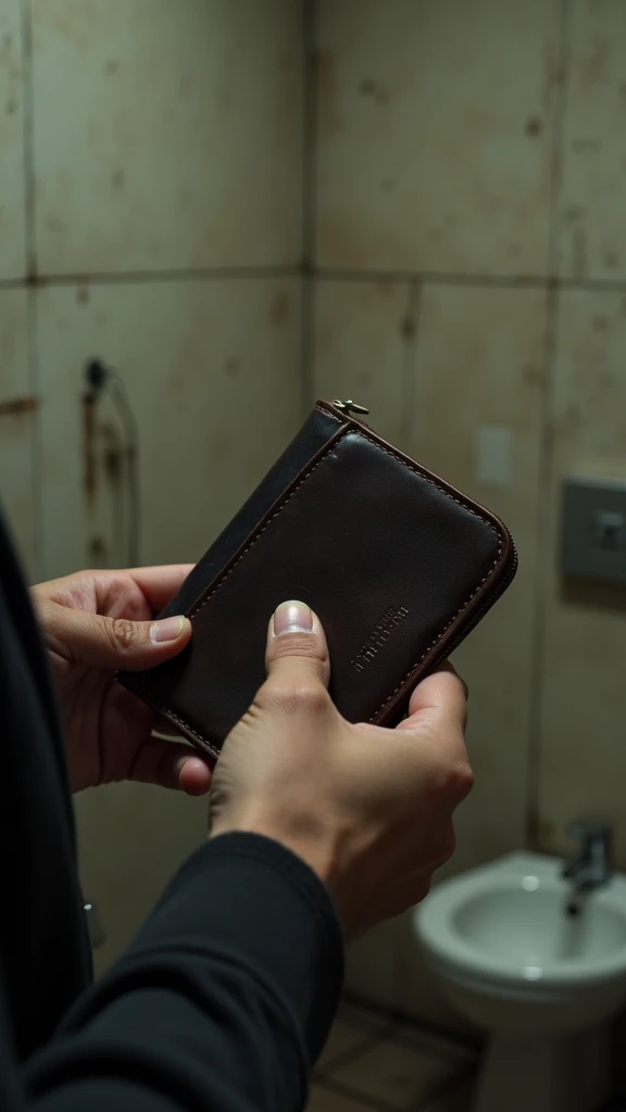 
A man's hands holding a wallet, inside a dirty bathroom ( dirty walls)
