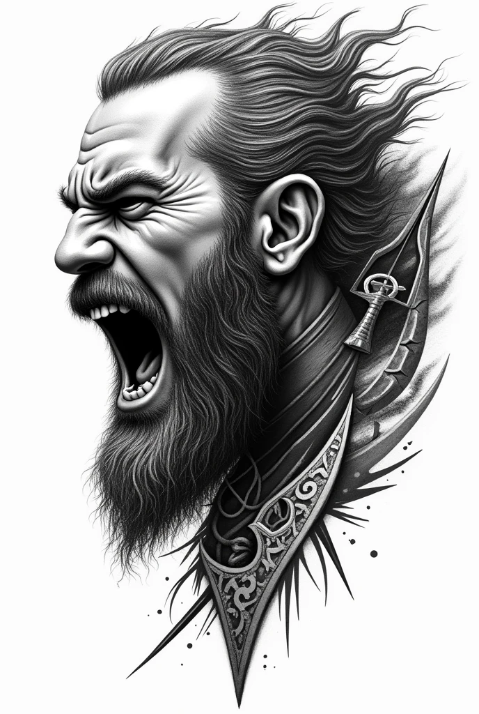 Create a black and white tattoo of a Viking's face in pointillism, profile view, screaming, with Viking runes and sharp axes for a tattoo.